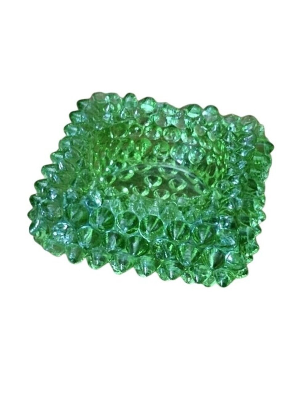 Green Hobnail Glass Square Open Salt Cellar Dip Dish